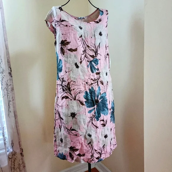 NWT PURO LINO 100% Linen Dress Made in Italy Floral Print Cap Sleeve Pockets M - Picture 12 of 17